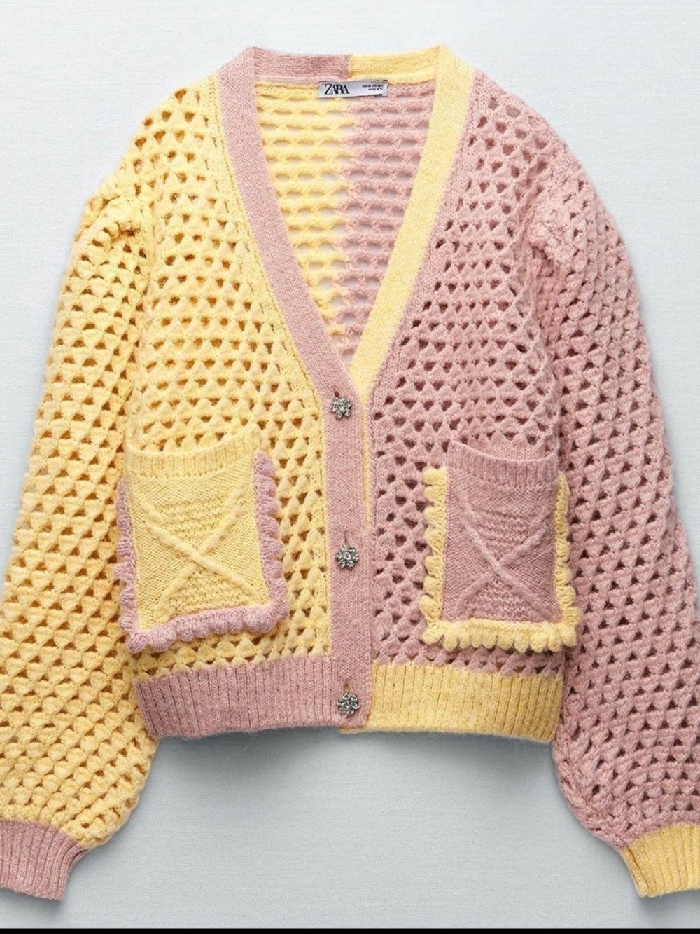 Zara Pink and Yellow Crochet Openwork Cardigan. Size m! Like new